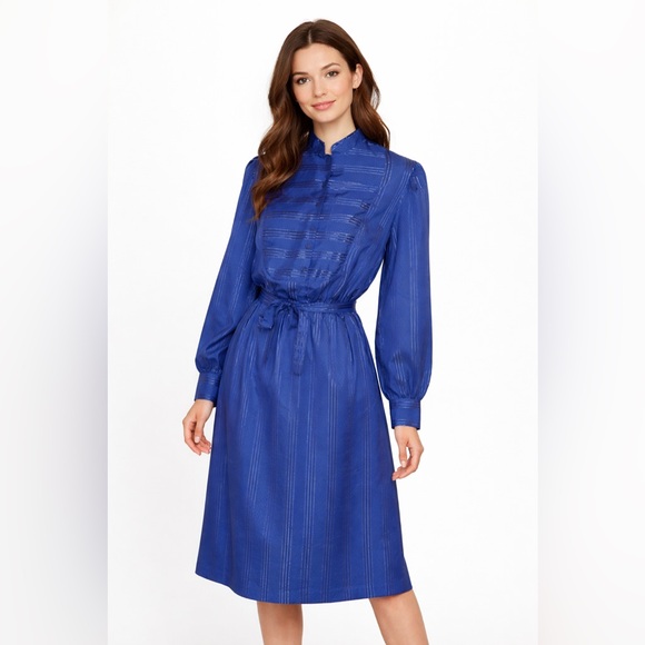 Vintage Dresses & Skirts - Vintage 80s Blue Midi Dress | Long Sleeve Button Up Tie Waist Dress